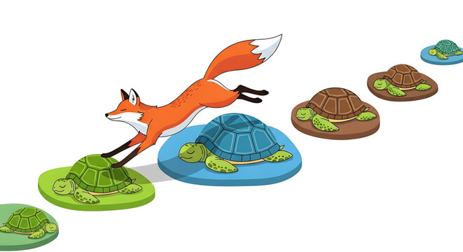 A cartoon fox jumping over turtles in a playful illustration