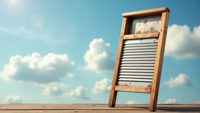A wooden washboard sits on top of a wooden floor, ready for use