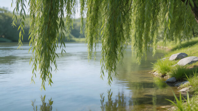 Willow tree over calm river