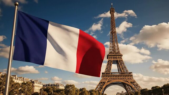 French flag waving in front of the eiffel tower in paris, france iconic travel and tourism landmark tricolor