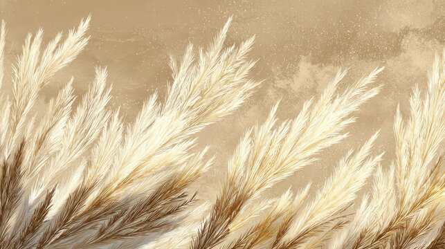 Tall feathery plumes of dried grass sway against a textured beige background.