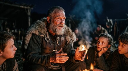 Obraz premium Elder storyteller sharing wisdom with children at night by fire