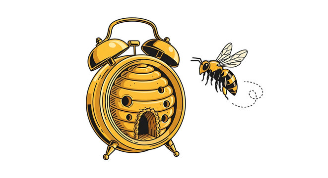 A vector illustration of a bee flying near a beehive shaped like an alarm clock