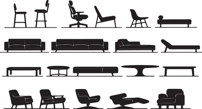 CAD Drawings modern furniture in section view silhouette, including various chairs, sofas, tables, and armchairs vector illustration