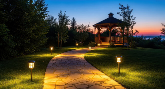 Winding stone path lit by warm solar bollard lights leading to glowing wooden gazebo at twilight with manicured lawn and trees