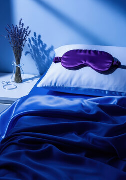 Silk sleep mask satin bedding lavender sprig blue moonlight white pillow silk sheet purple sleep mask bedside table