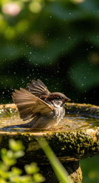 Sparrow bath birdbath water splash garden sunlight wings dripping feather small bird enjoying refreshing bath