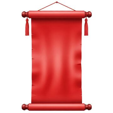Traditional red scroll banner with decorative tassels hanging from both ends