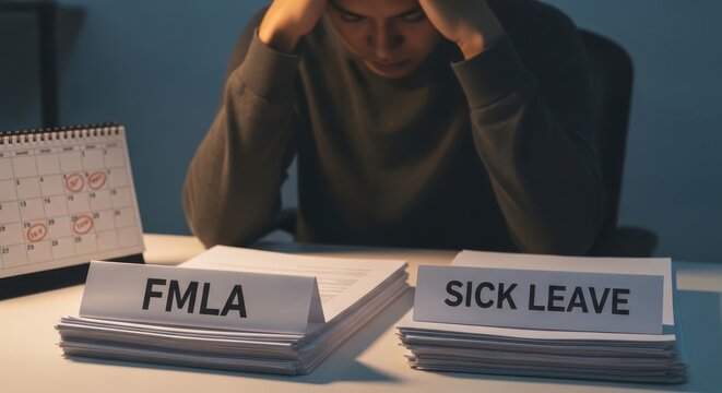 a man sitting at a desk with fmla and sick leave papers in front of him looking stressed and overwhe