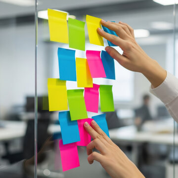 Colorful sticky note planning office brainstorming hands placing sticky note on glass partition collaborative creative organization workflow
