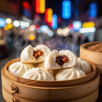 Steamed bao bun with savory pork filling in bamboo basket at night market under colorful neon lights, warm aromatic street food scene
