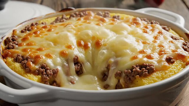 A comforting, cheesy polenta bake, generously topped with savory minced meat and a golden-brown layer of melted cheese, is served in a white casserole dish.