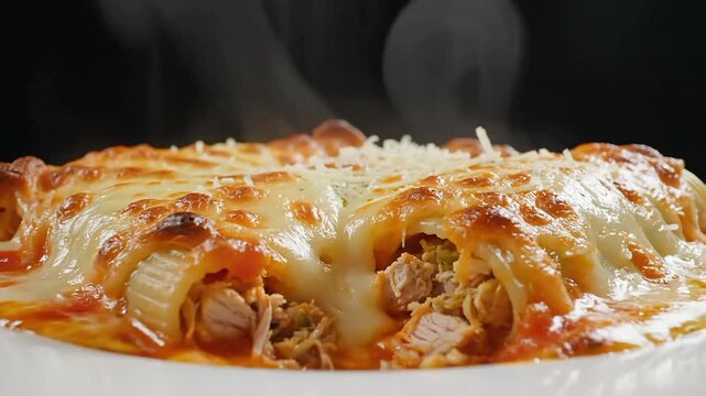 Hot and steaming cannelloni pasta, generously filled and covered with melted cheese and a rich tomato sauce, is freshly baked.