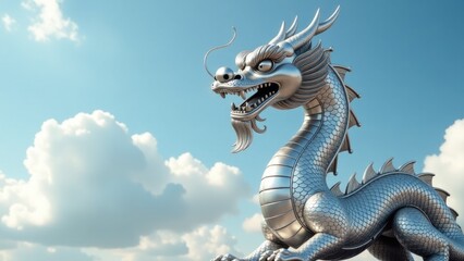 Fototapeta premium A large silver dragon statue stands out against the cloudy blue sky