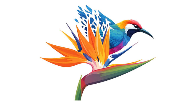 A colorful bird perched on a vibrant bird of paradise flower in a stylized vector illustration