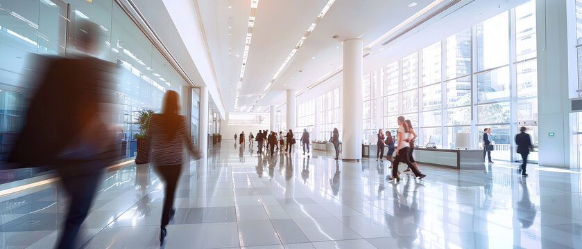 Wide angle shot of customers moving inside a modern bank branch, showing daily financial activity, service flow, corporate banking environment and professional customer interaction.