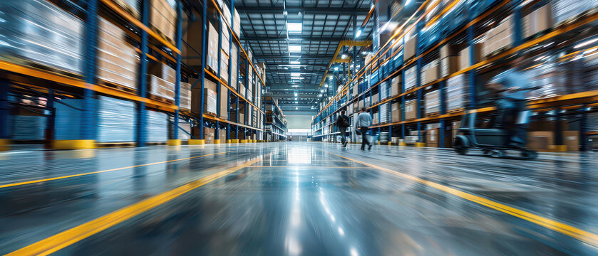 Wide angle shot of employees moving through a logistics terminal, showing daily workflow, operational activity, industrial environment and modern supply chain processes.