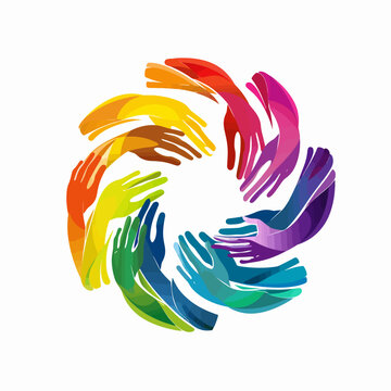 A vibrant ring of hands of different colors, implying diversity, unity, and inclusion on a white background