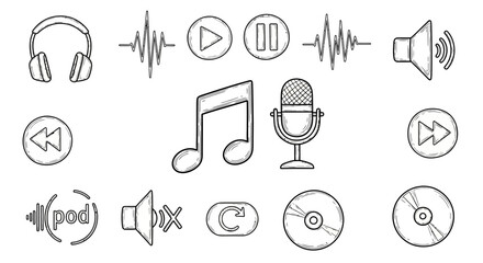 Fototapeta premium Collection of Hand Drawn Music and Audio Icons and Symbols.