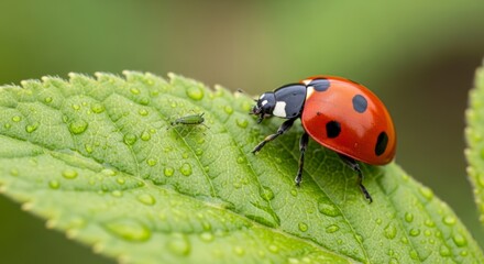 Fototapeta premium A ladybug perched on a green leaf with water droplets in a natural setting