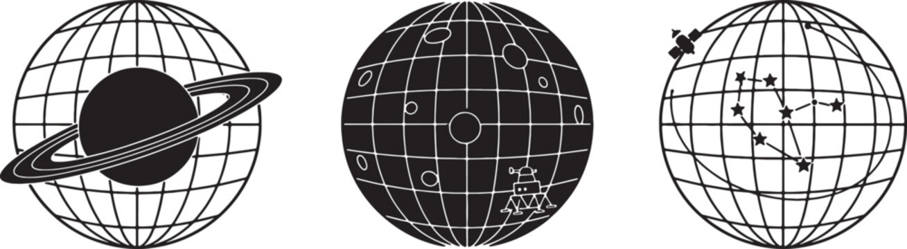 Three globes with different astronomical features