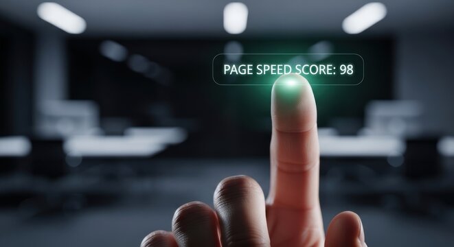 Finger touching digital page speed score ninety eight on virtual screen, for high performance website optimization technical success for business growth digital efficiency