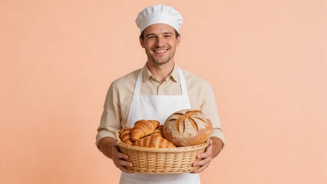A baker holds a basket of freshly baked goods in a studio setting with a peach-colored background, conveying a sense of warmth and nutrition.