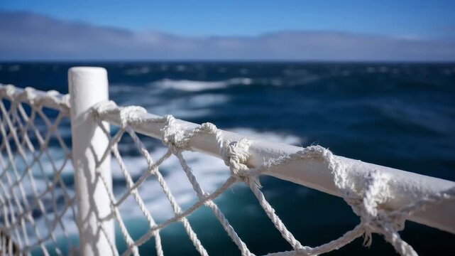 Close-up of deck safety nets and railing with ocean waves rolling far below, panoramic view of open sea behind