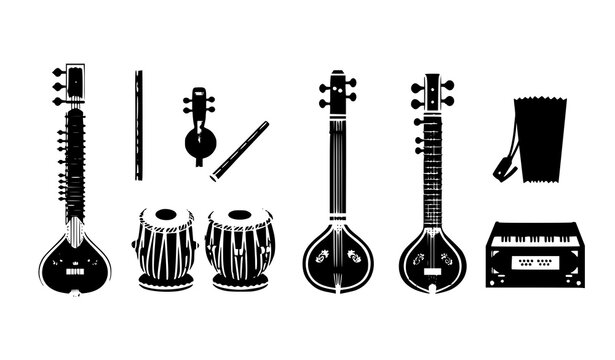 Indian classical musical instruments vector set with sitar tabla veena flute and harmonium in clean flat style isolated on white background