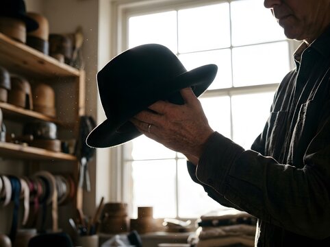 Professional milliner examining a handmade black felt fedora in a traditional workshop studio