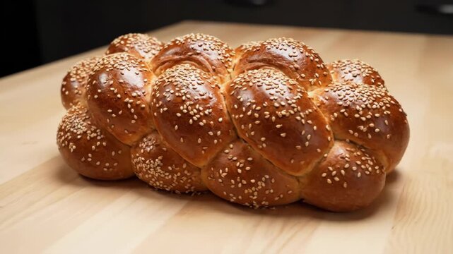 Close up of Braided Challah Bread with Sesame Seeds on a Wooden Table 4K