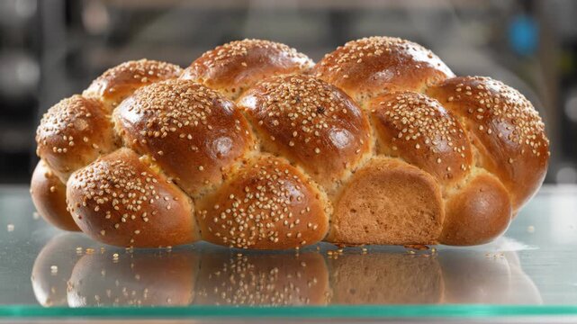 Close Up of Braided Challah Bread with Sesame Seeds 4K