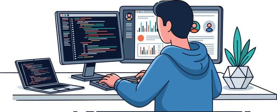 A man working on computer with multiple monitors on transparent background