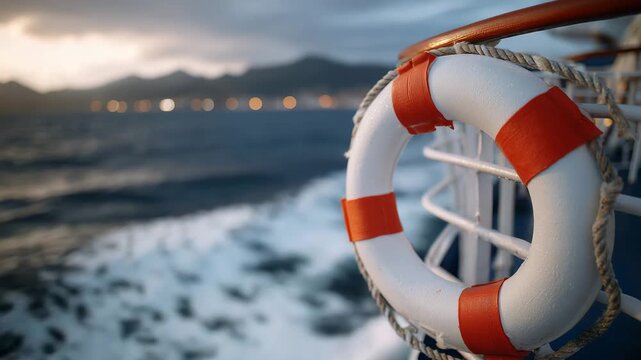 Close-up of ship&rsquo;s lifebuoy and safety gear, calm sea with soft rolling swells beyond