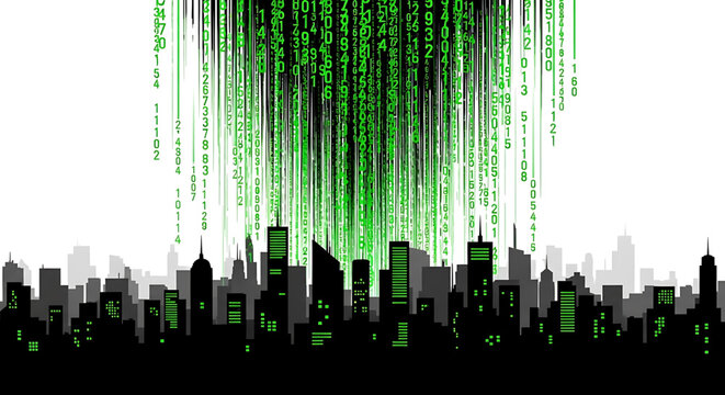 A futuristic cityscape with green binary code streaming down from the sky, set against a white background.