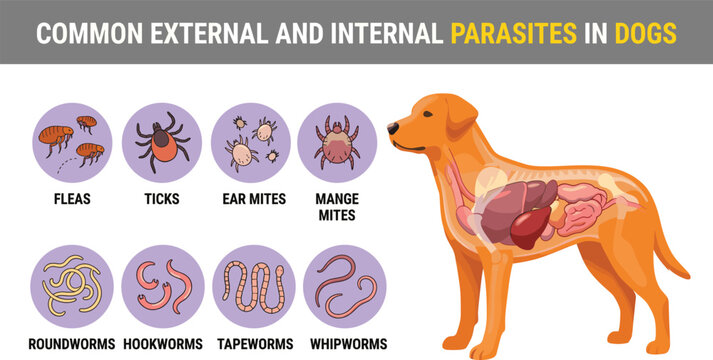 Common external and internal parasites in dogs infographic, veterinary pet health care vector illustration, worms and insects