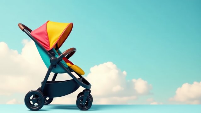 A colorful umbrella adds a pop of color to this outdoor scene featuring a stroller