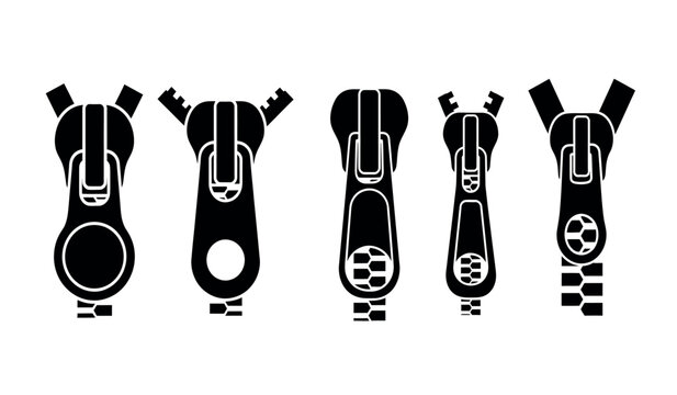 Black and white illustration of five different zipper designs in a row
