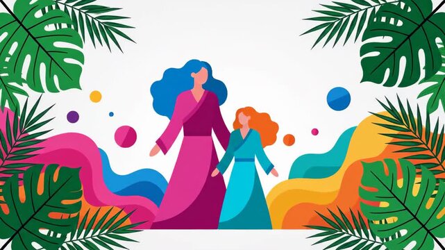 Mother and Daughter Standing in Tropical Leaves Frame with Shapes 2D Animation
