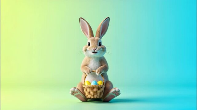 Cute easter bunny standing then sitting with an egg basket. Happy spring holiday concept for seasonal celebration.