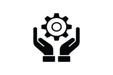 Fototapeta premium workflow and support vector icon, hand holding gear, representing business process, technical assistance, machine operation, and efficiency optimization concept,