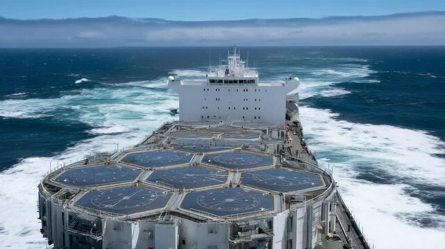 Detailed shot of missile silo hatches closed on foredeck, gentle ocean swells rolling around ship, expansive sky meeting sea in background
