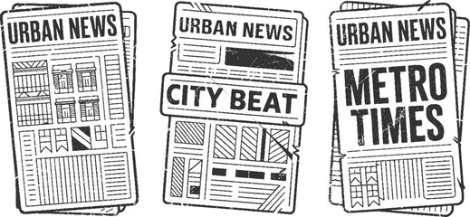 Naklejka premium Three black and white newspaper with headlines urban news city beat and metro times