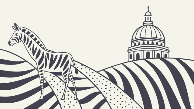 Zebra, illustration, black and white, vector, Capitol Building, Washington D.C., iconic animal, landmark