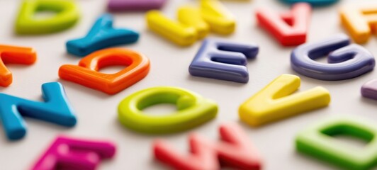 Fototapeta premium The Magnetic Alphabet Letters Scattered on White Surface Colorful Closeup Educational Toy