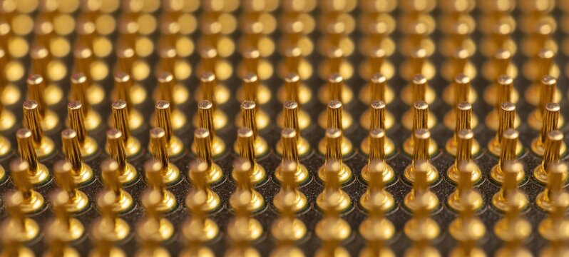 The CPU Pin Grid Array Macro Close-up Showing Golden Electronic Connector Pins and Bokeh