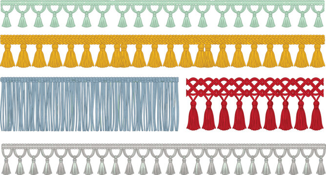 Decorative tassel fringe and braided border set, textile trimmings for home decor and fashion vector illustration, curtain and upholstery trim