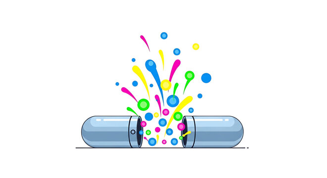 A colorful vector graphic of a capsule exploding with vibrant paint splatters
