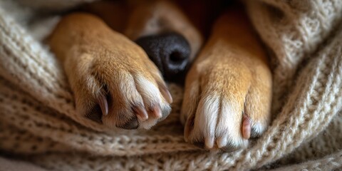 Obraz premium The Dog Paws Snuggled Under a Cozy Knit Blanket in Soft Warm Light