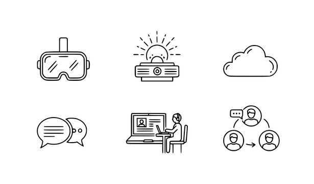 A set of six modern line art icons representing technology and communication